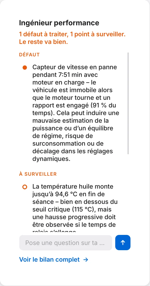 Panneau Ingénieur performance de Pitwall : un défaut à traiter, un point à surveiller, le reste va bien